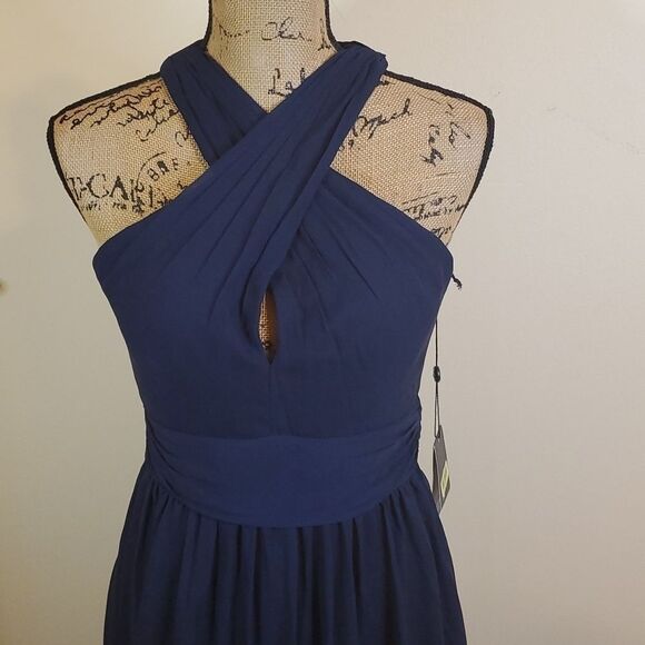 NWT Adrianna Papell Midnight Blue Halter Chiffon keyhole Maxi Gown Size 4 - Picture 3 of 12
